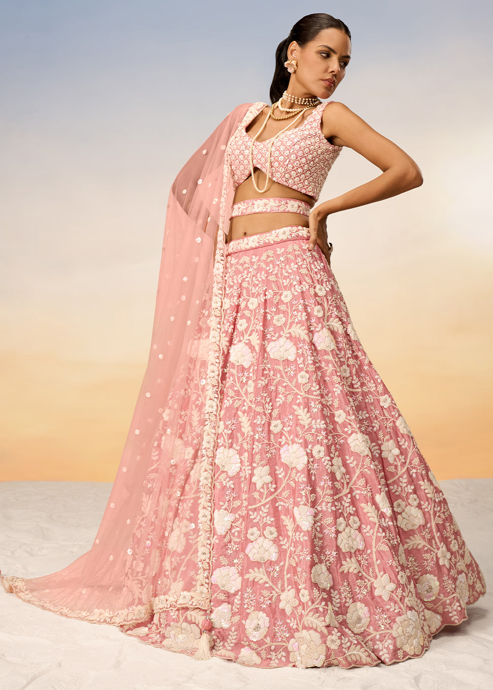Flamingo Pink Georgette Lehenga Choli with Sequins & Zarkan Embroidery work | Ready To Wear - qivii