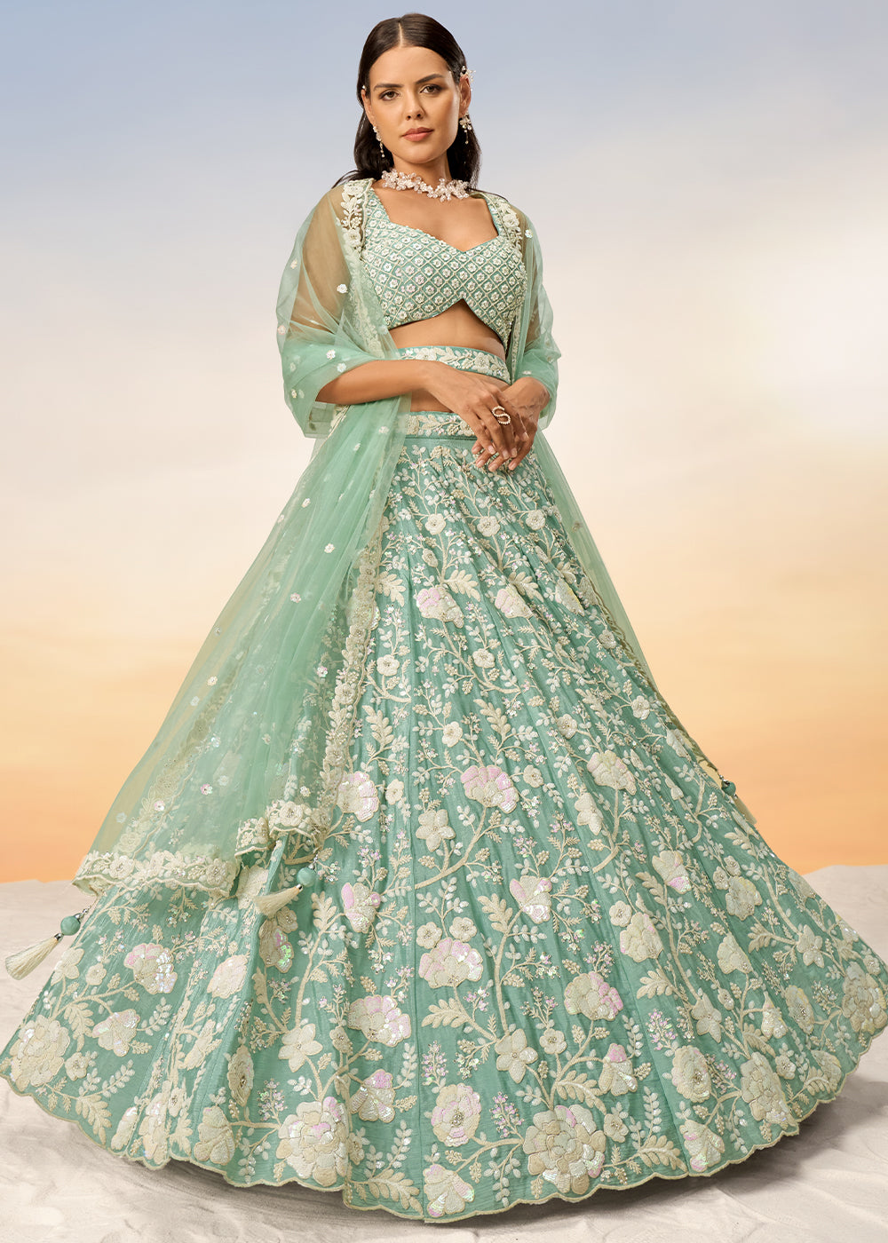 Sea Green Georgette Lehenga Choli with Sequins & Zarkan Embroidery work | Ready To Wear - qivii