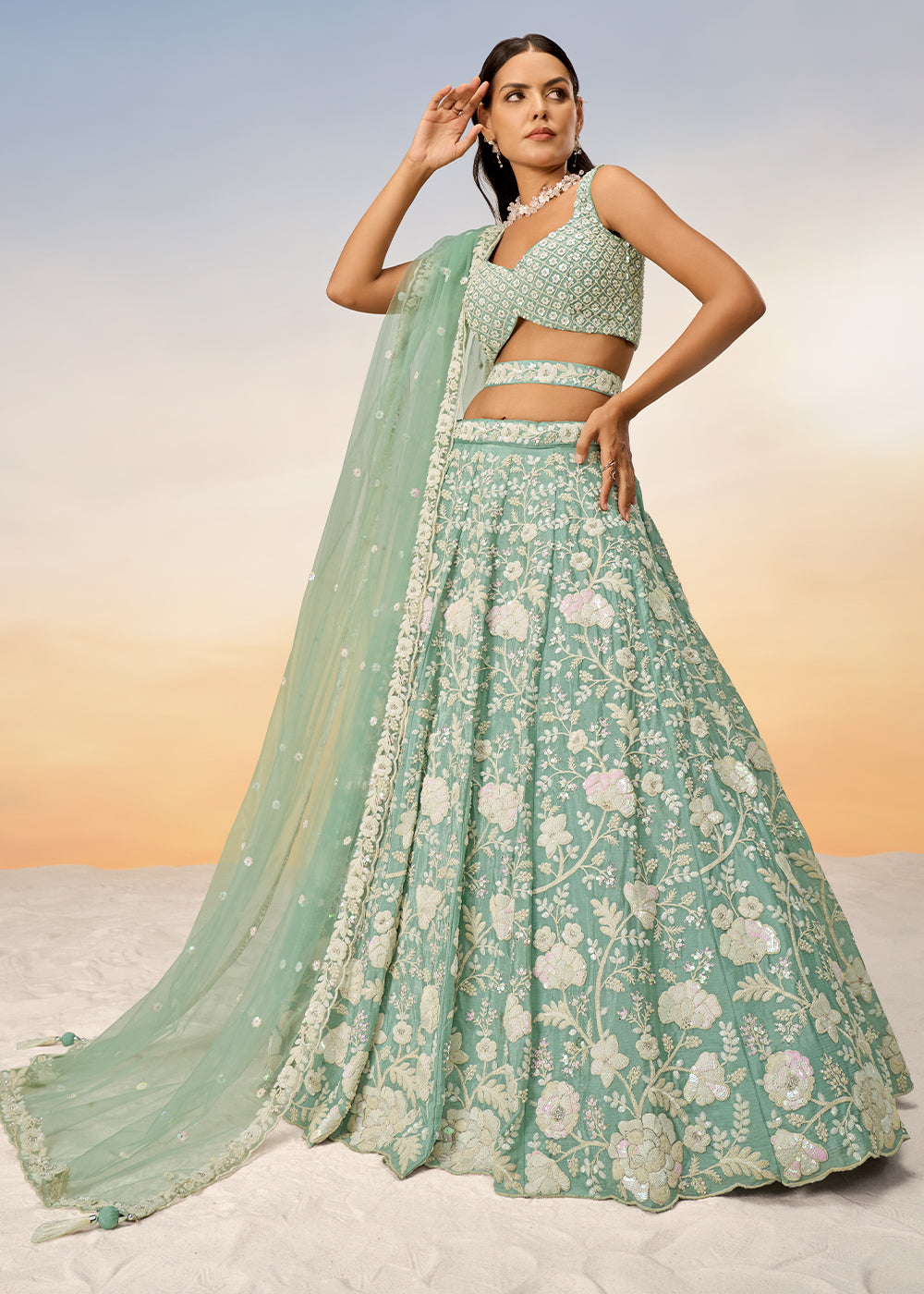Sea Green Georgette Lehenga Choli with Sequins & Zarkan Embroidery work | Ready To Wear - qivii