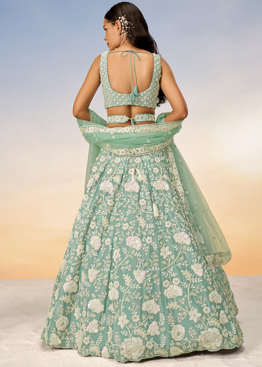 Sea Green Georgette Lehenga Choli with Sequins & Zarkan Embroidery work | Ready To Wear - qivii
