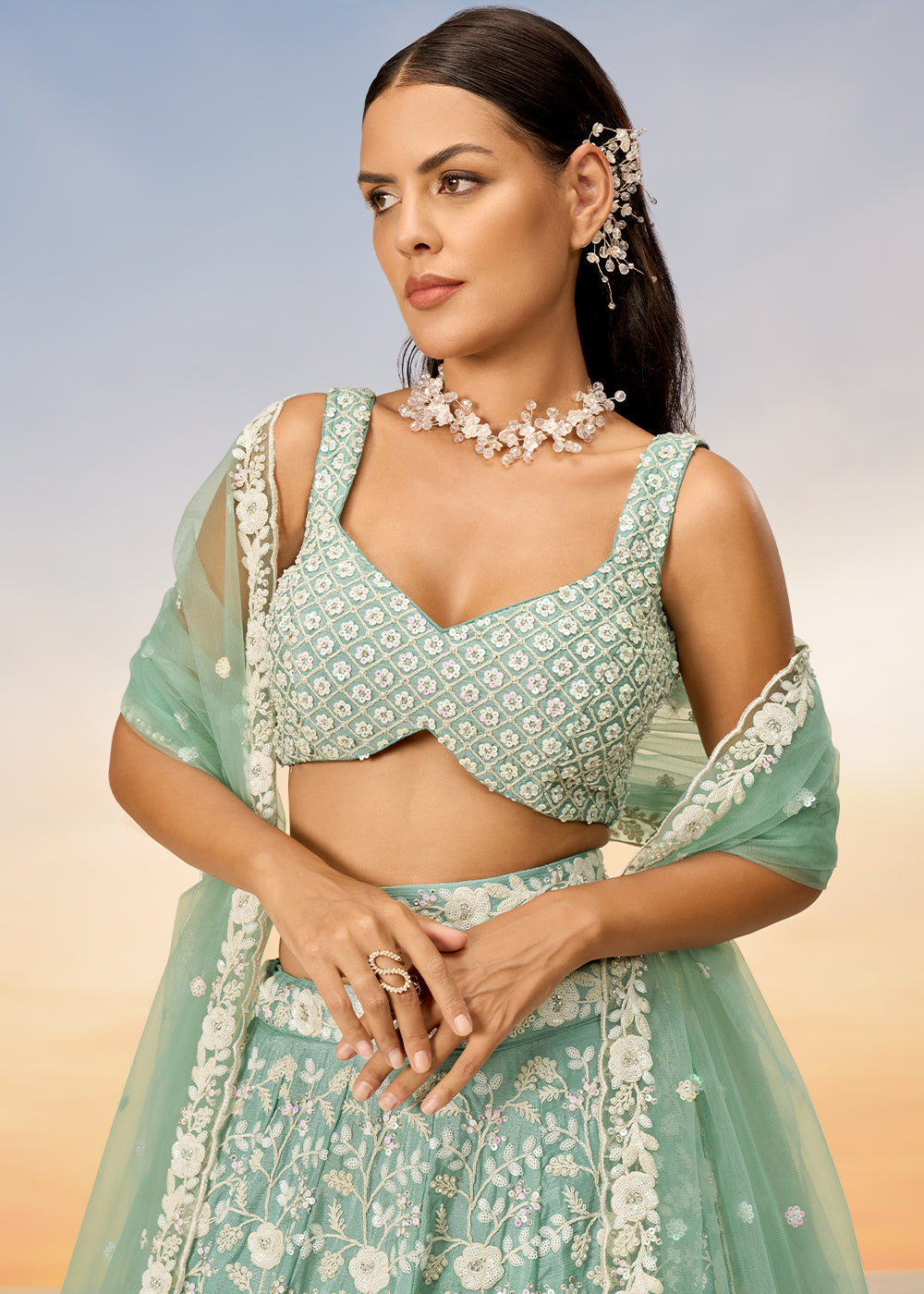 Sea Green Georgette Lehenga Choli with Sequins & Zarkan Embroidery work | Ready To Wear - qivii