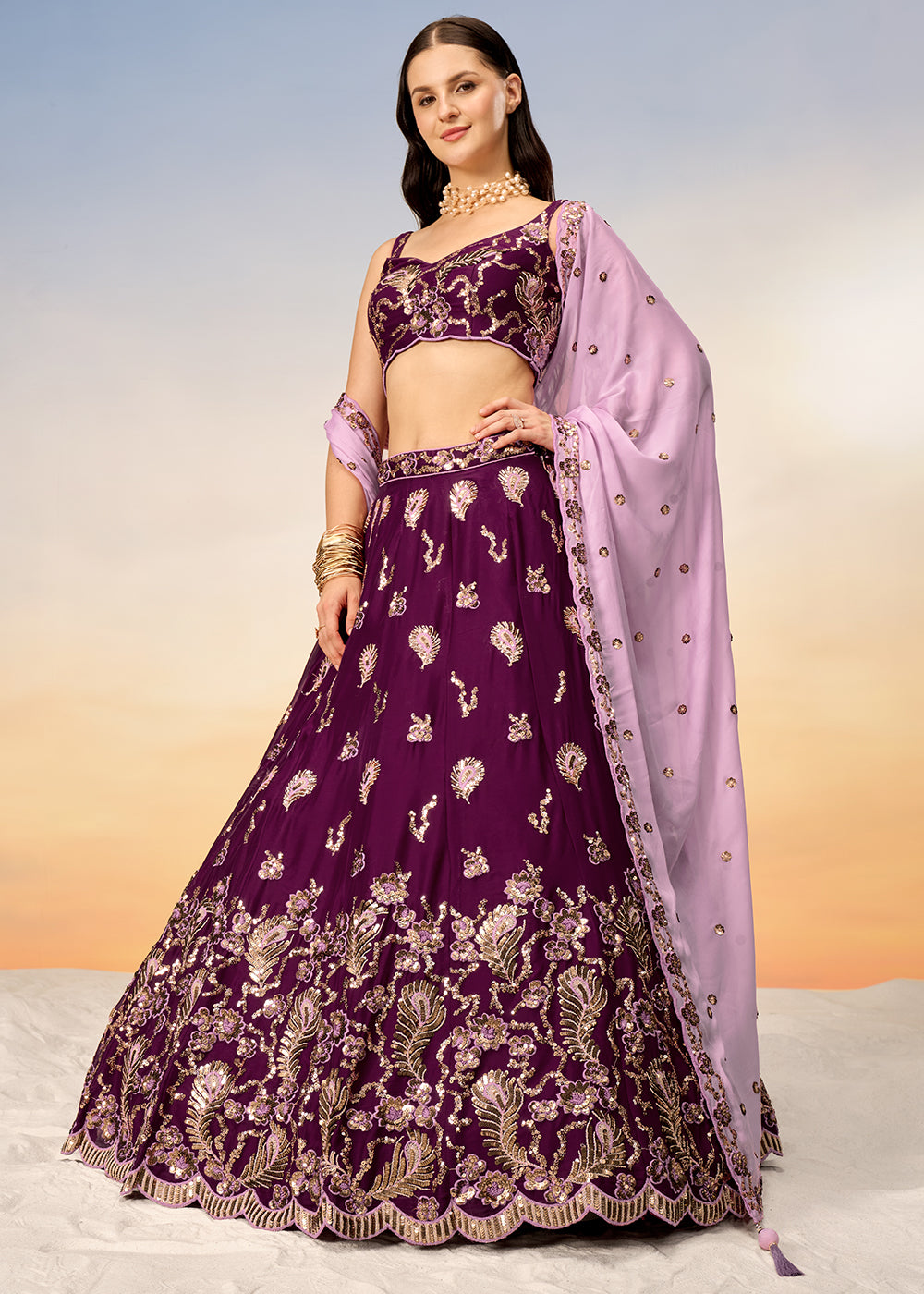 Sangria Purple Georgette Lehenga Choli with Heavy Sequins Embroidery work | Ready To Wear - qivii