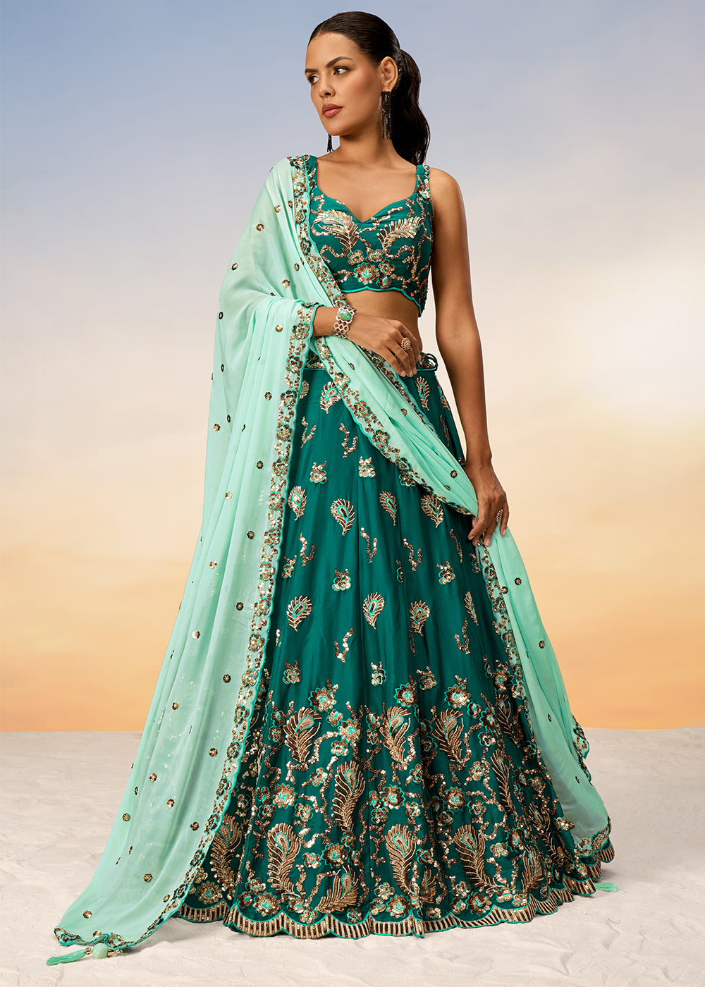 Cactus Green Georgette Lehenga Choli with Heavy Sequins Embroidery work | Ready To Wear - qivii