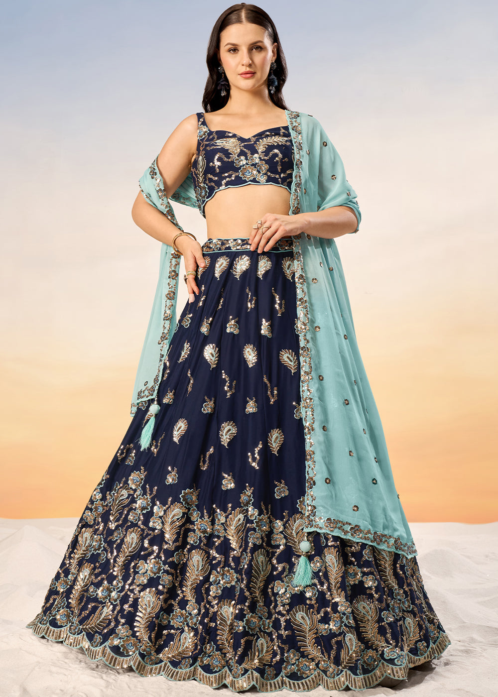 Navy Blue Georgette Lehenga Choli with Heavy Sequins Embroidery work | Ready To Wear - qivii