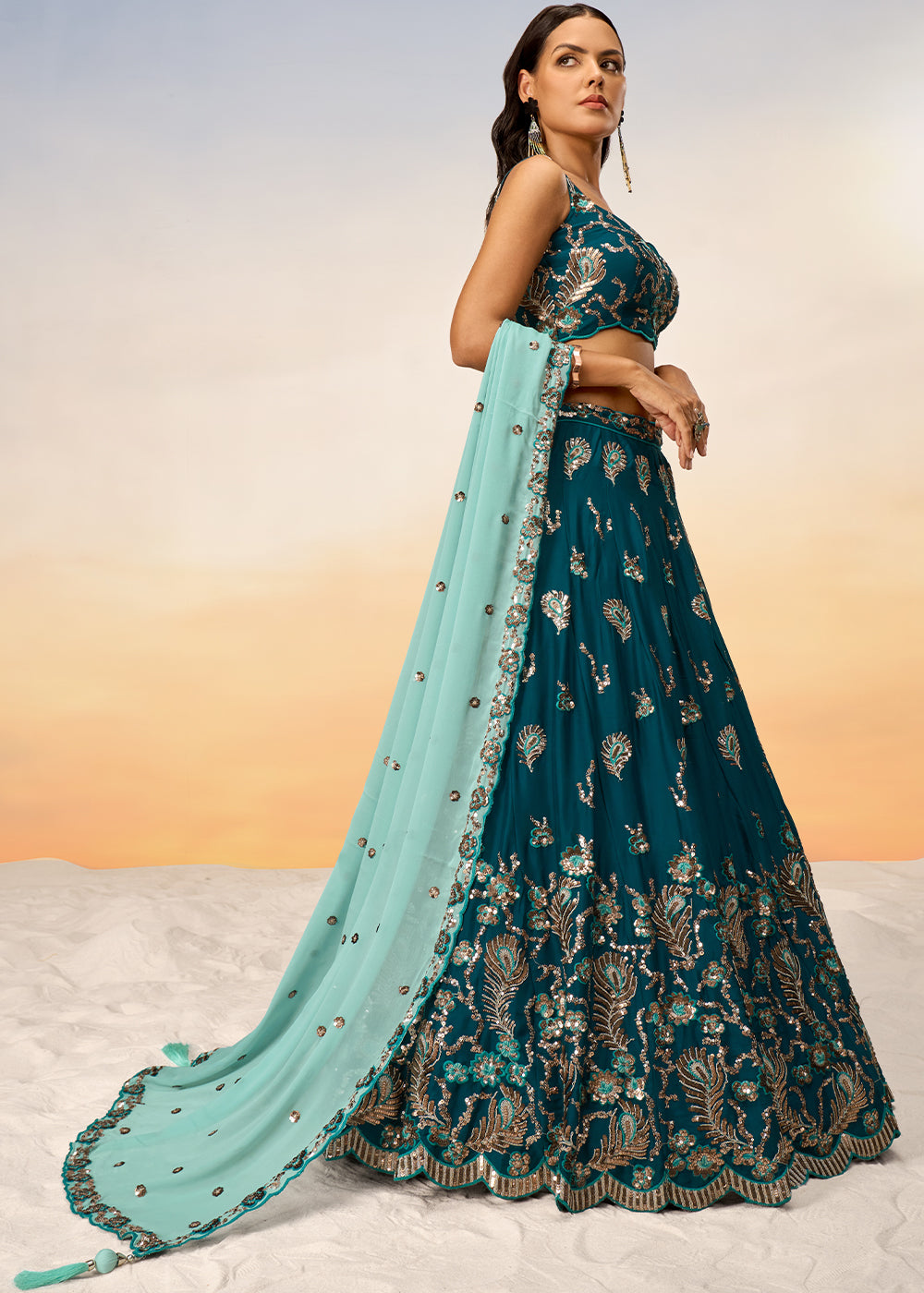 Teal Green Georgette Lehenga Choli with Heavy Sequins Embroidery work | Ready To Wear - qivii