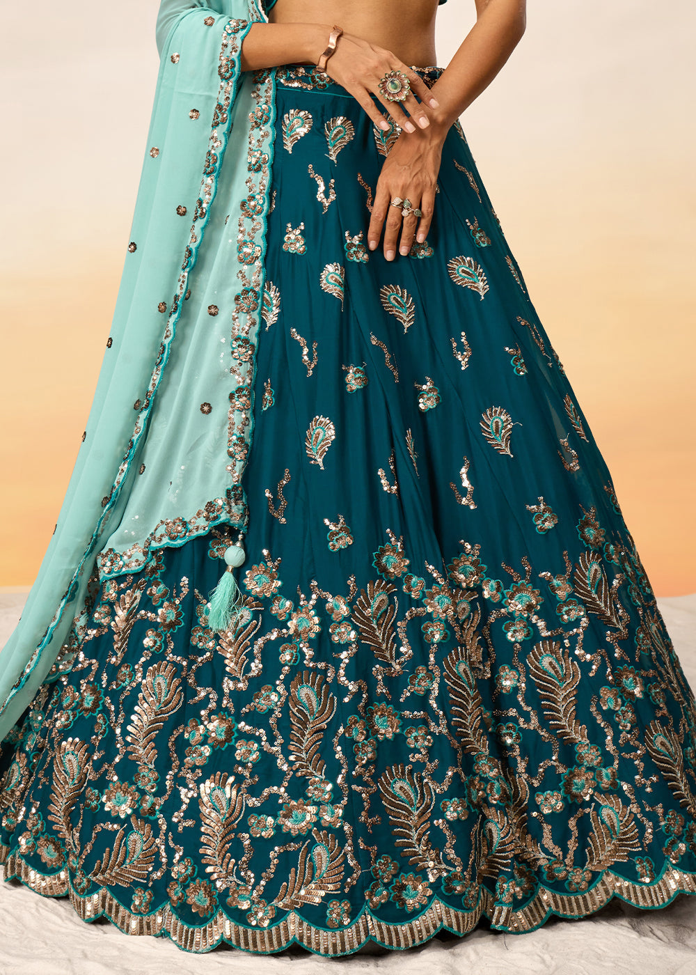 Teal Green Georgette Lehenga Choli with Heavy Sequins Embroidery work | Ready To Wear - qivii