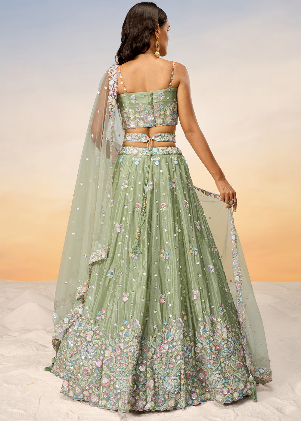 Pastel Green Chiffon Lehenga Choli with Sequins & Thread Embroidery work | Ready To Wear - qivii
