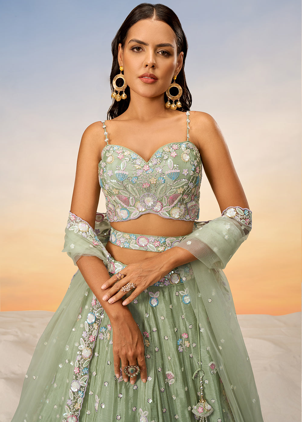Pastel Green Chiffon Lehenga Choli with Sequins & Thread Embroidery work | Ready To Wear - qivii