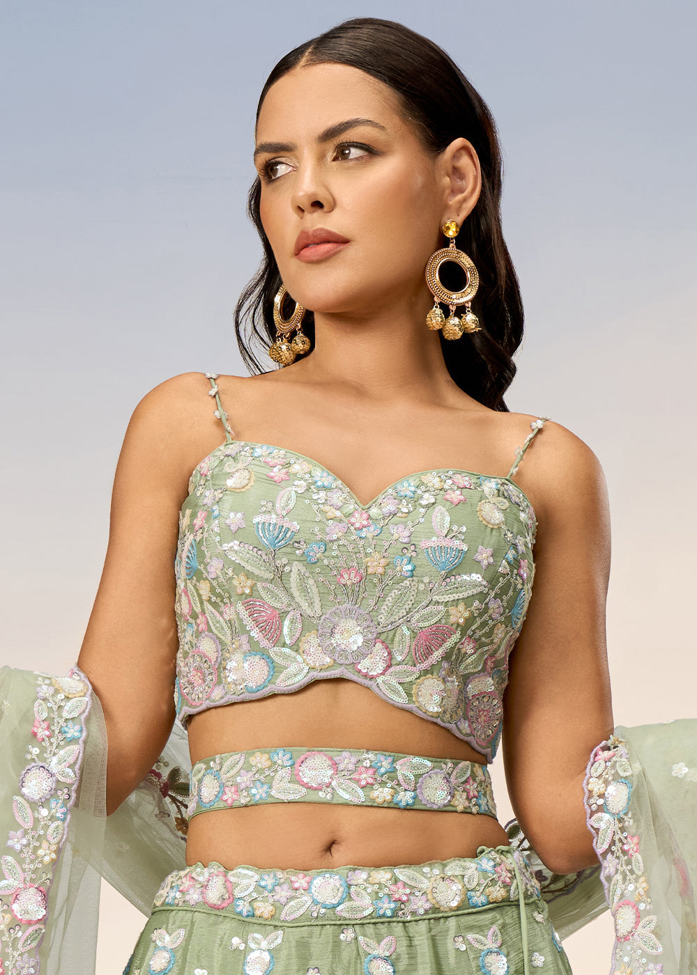 Pastel Green Chiffon Lehenga Choli with Sequins & Thread Embroidery work | Ready To Wear - qivii