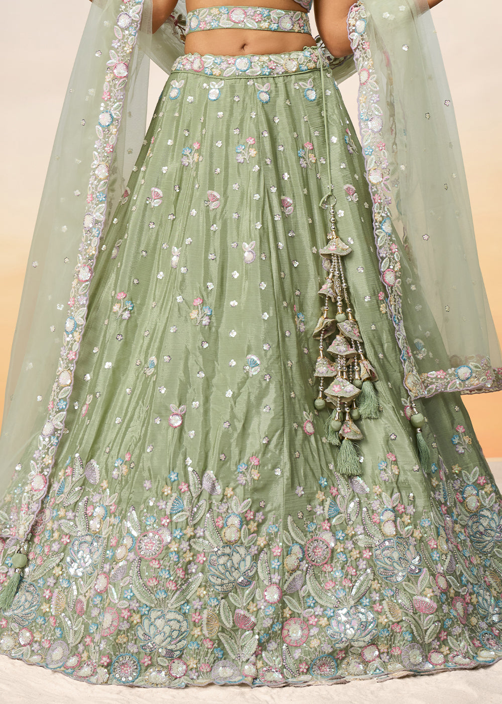 Pastel Green Chiffon Lehenga Choli with Sequins & Thread Embroidery work | Ready To Wear - qivii