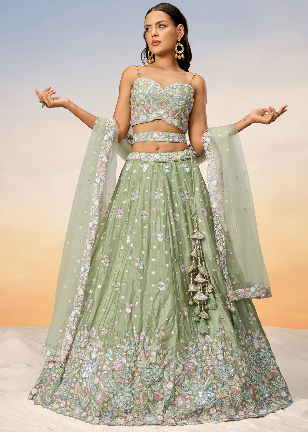 Pastel Green Chiffon Lehenga Choli with Sequins & Thread Embroidery work | Ready To Wear - qivii