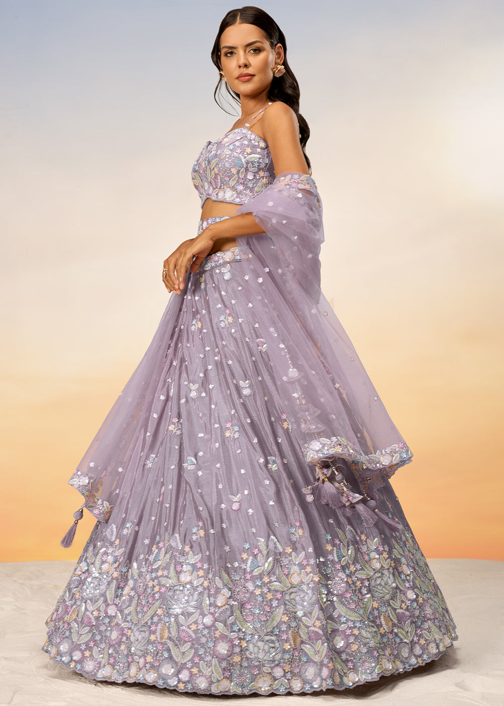 Mauve Purple Chiffon Lehenga Choli with Sequins & Thread Embroidery work | Ready To Wear - qivii