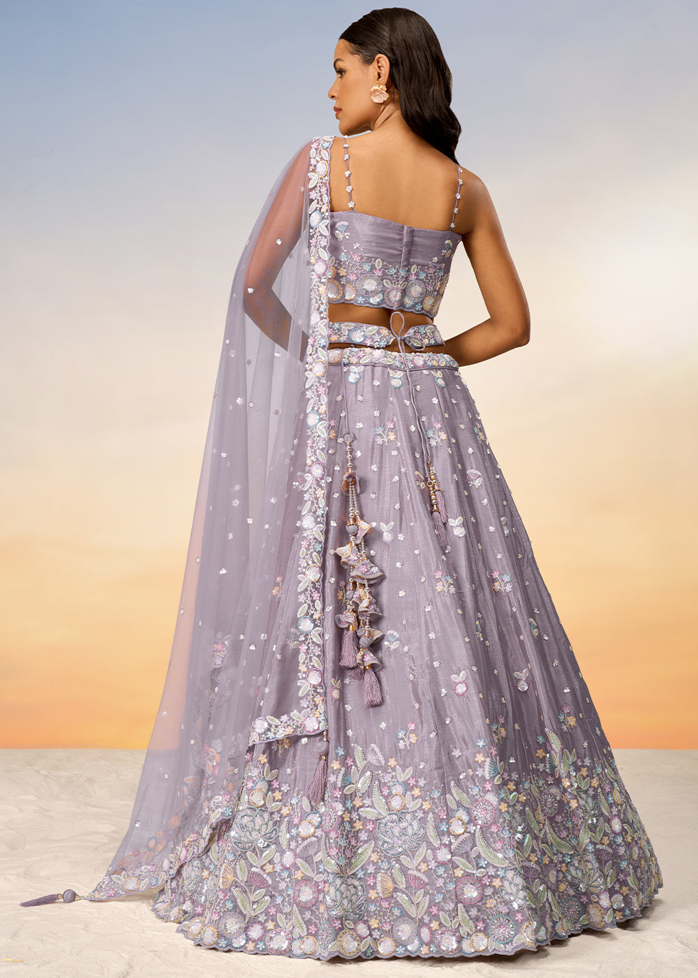 Mauve Purple Chiffon Lehenga Choli with Sequins & Thread Embroidery work | Ready To Wear - qivii