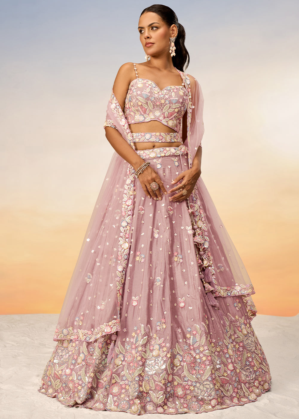 Rose Gold Pink Chiffon Lehenga Choli with Sequins & Thread Embroidery work | Ready To Wear - qivii