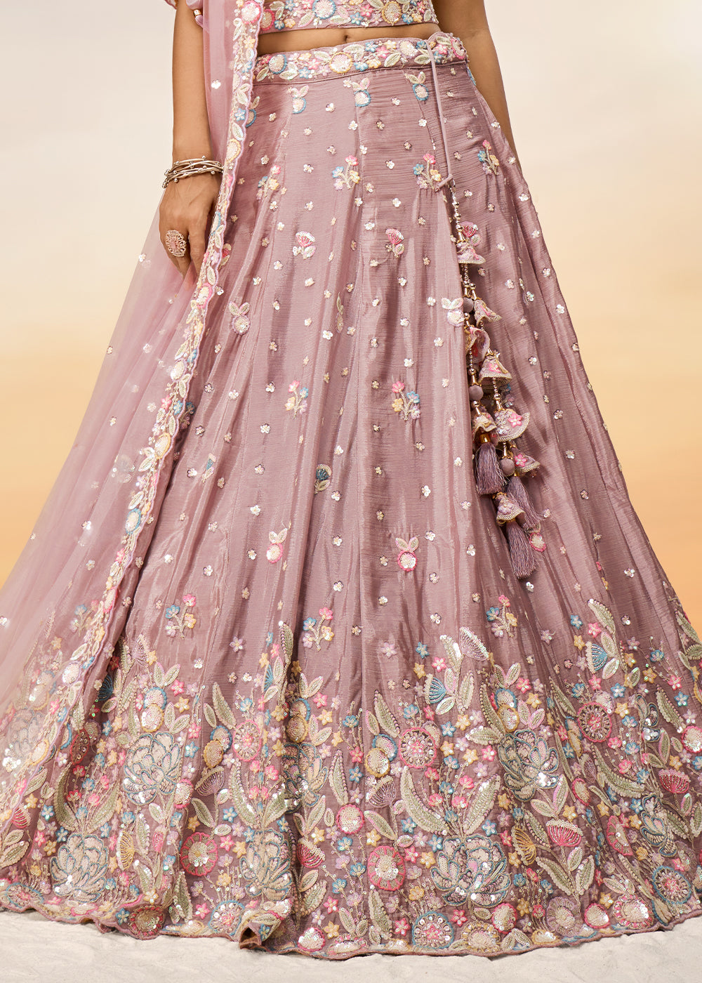 Rose Gold Pink Chiffon Lehenga Choli with Sequins & Thread Embroidery work | Ready To Wear - qivii