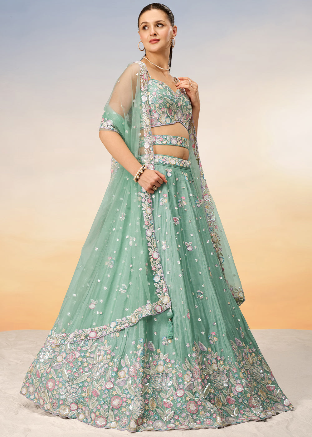 Light Sea Green Chiffon Lehenga Choli with Sequins & Thread Embroidery work | Ready To Wear - qivii