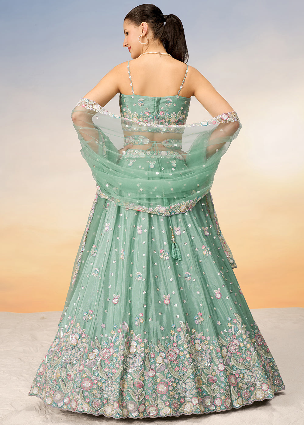 Light Sea Green Chiffon Lehenga Choli with Sequins & Thread Embroidery work | Ready To Wear - qivii