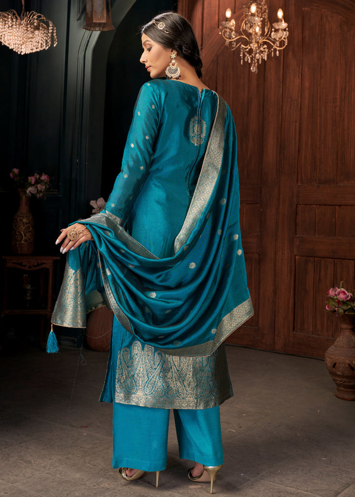 Cerulean Blue Designer Viscose Salwar Suit having Zari work By Qivii