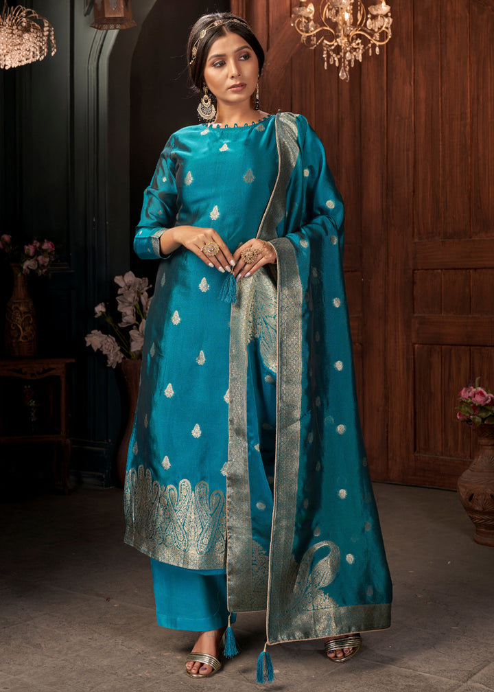 Cerulean Blue Designer Viscose Salwar Suit having Zari work By Qivii