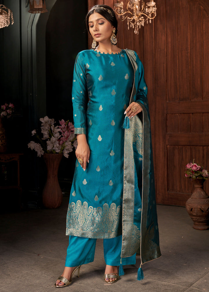 Cerulean Blue Designer Viscose Salwar Suit having Zari work By Qivii