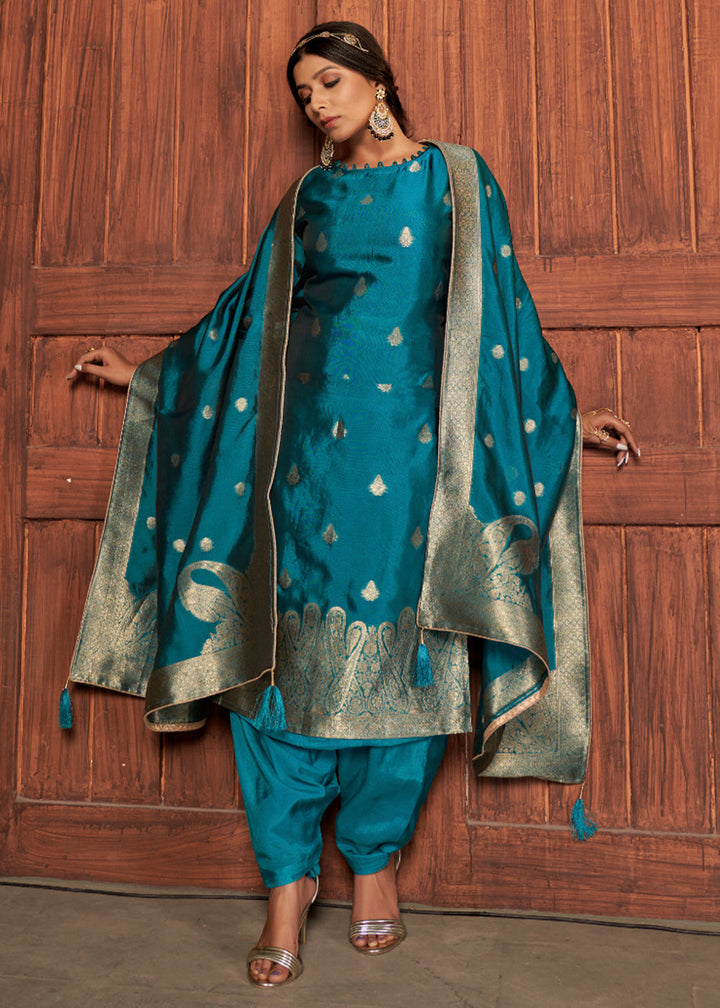 Cerulean Blue Designer Viscose Salwar Suit having Zari work By Qivii