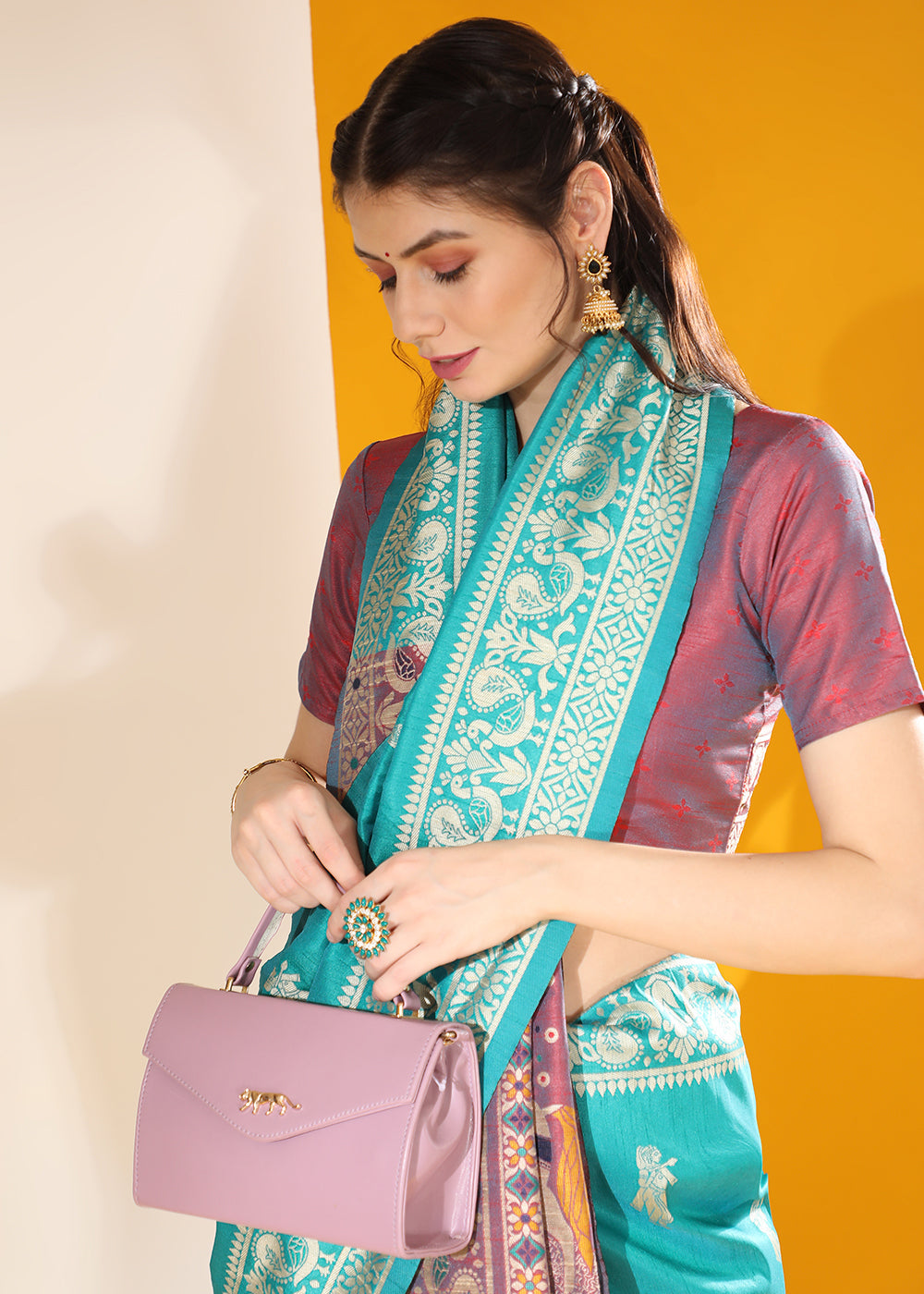 Cerulean Blue Kalamkari Woven Handloom Raw Silk Saree - qivii