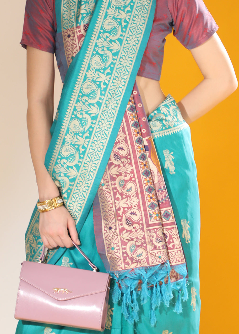 Cerulean Blue Kalamkari Woven Handloom Raw Silk Saree - qivii