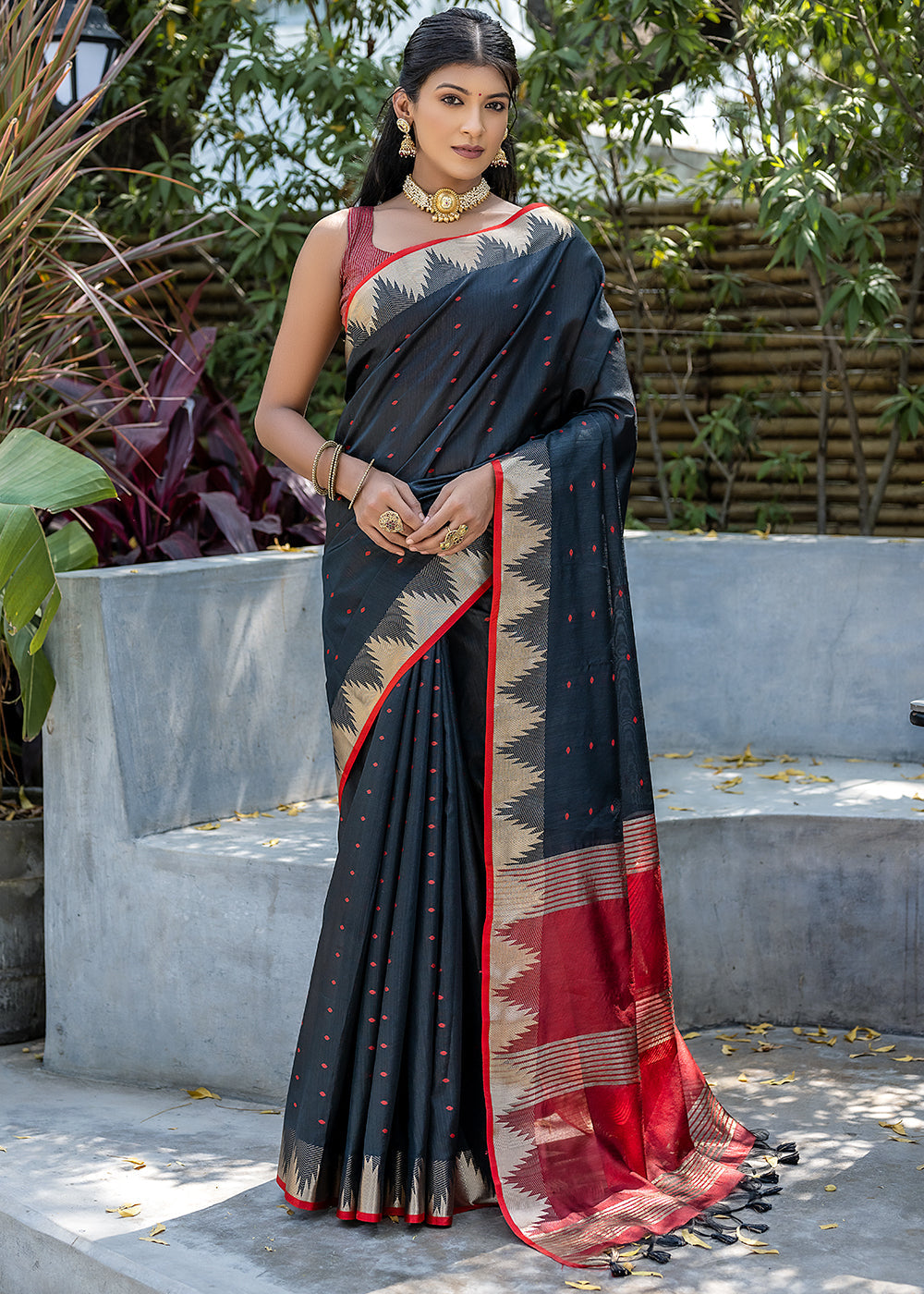 Charcoal Black Zari Woven Triangle Border Raw Silk Saree with Butti Overall - qivii