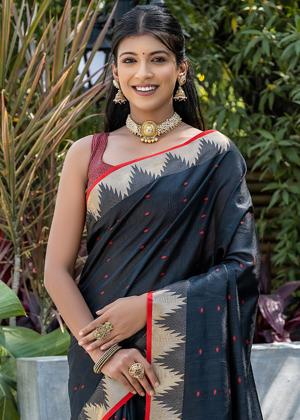 Charcoal Black Zari Woven Triangle Border Raw Silk Saree with Butti Overall - qivii