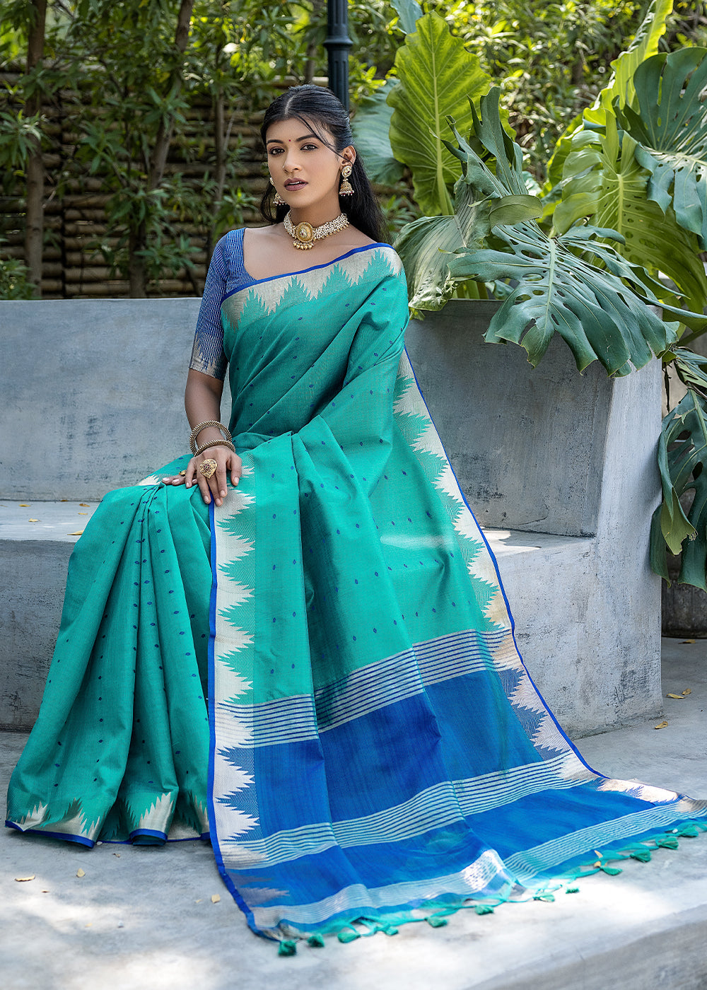 Butterfly Blue Zari Woven Triangle Border Raw Silk Saree with Butti Overall