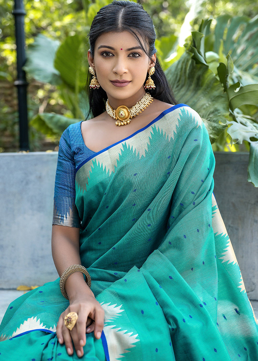 Butterfly Blue Zari Woven Triangle Border Raw Silk Saree with Butti Overall - qivii