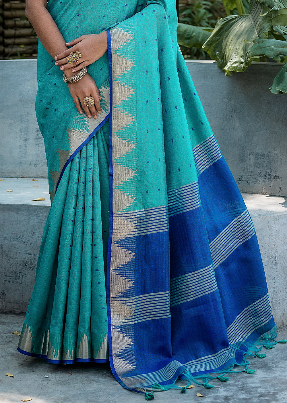 Butterfly Blue Zari Woven Triangle Border Raw Silk Saree with Butti Overall - qivii