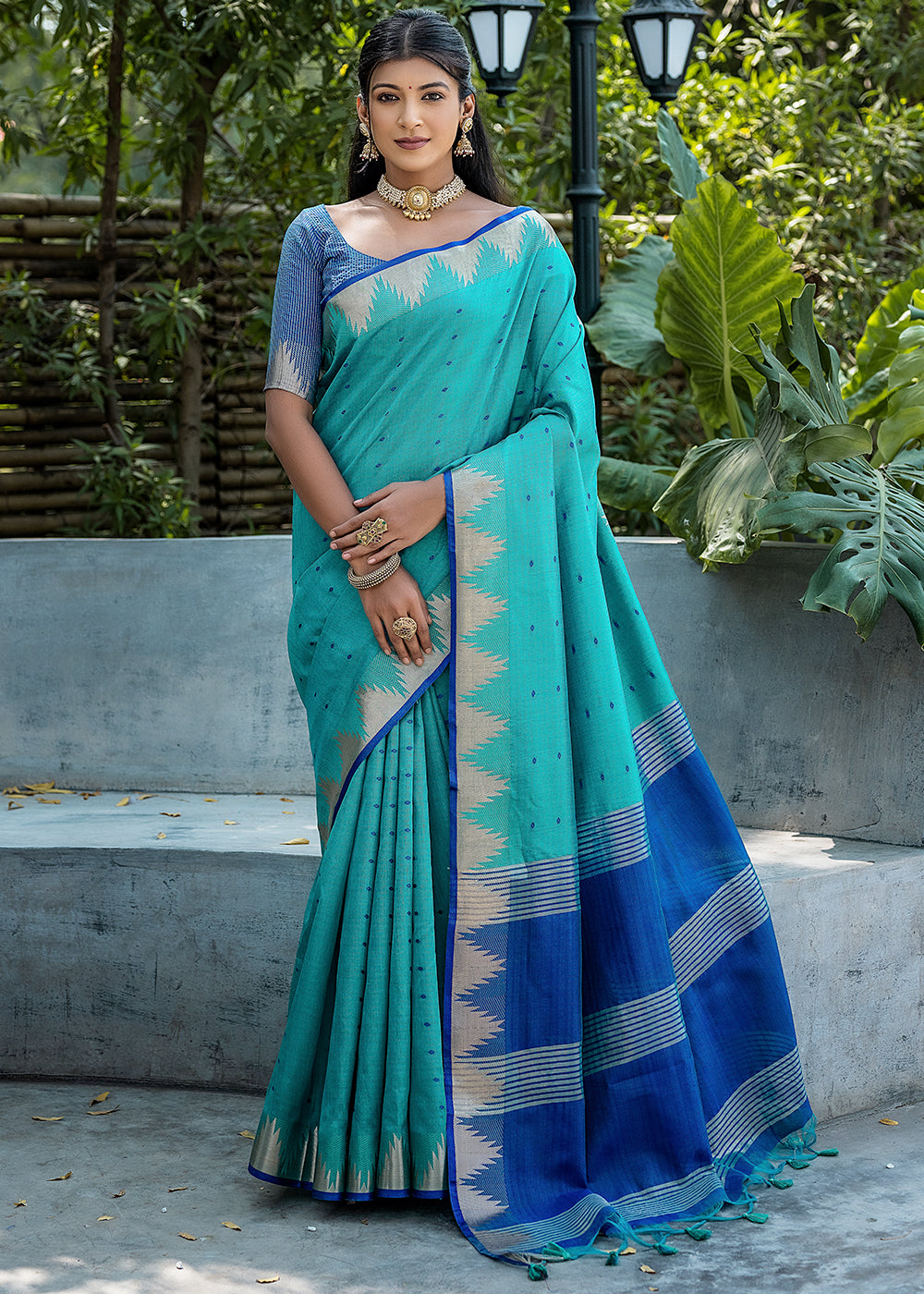 Butterfly Blue Zari Woven Triangle Border Raw Silk Saree with Butti Overall - qivii
