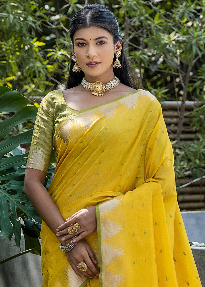 Cadmium Yellow Zari Woven Triangle Border Raw Silk Saree with Butti Overall