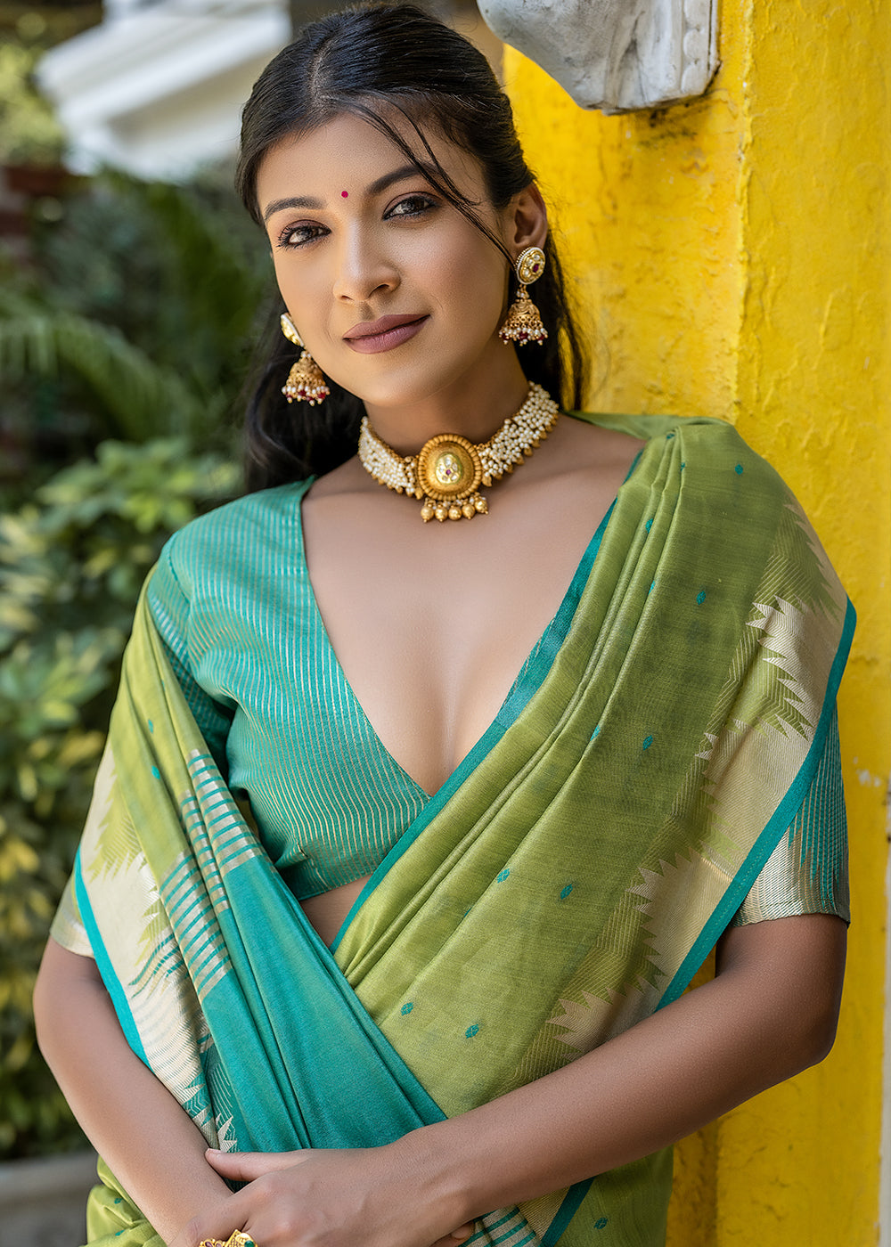 Mantis Green Zari Woven Triangle Border Raw Silk Saree with Butti Overall - qivii