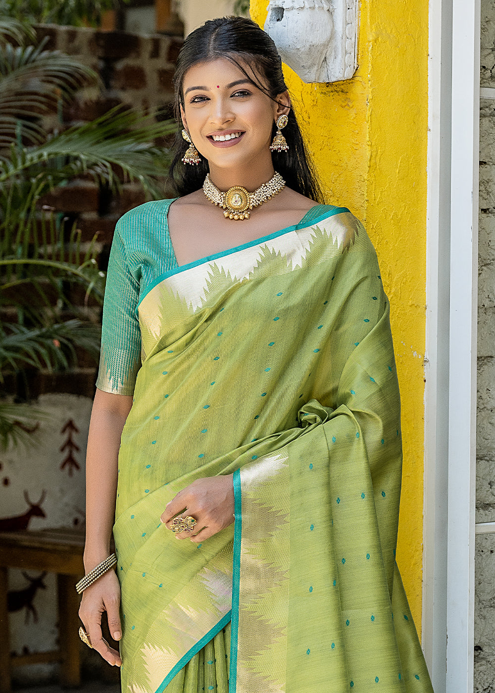 Mantis Green Zari Woven Triangle Border Raw Silk Saree with Butti Overall - qivii