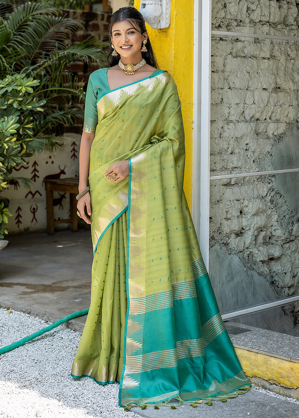 Mantis Green Zari Woven Triangle Border Raw Silk Saree with Butti Overall - qivii