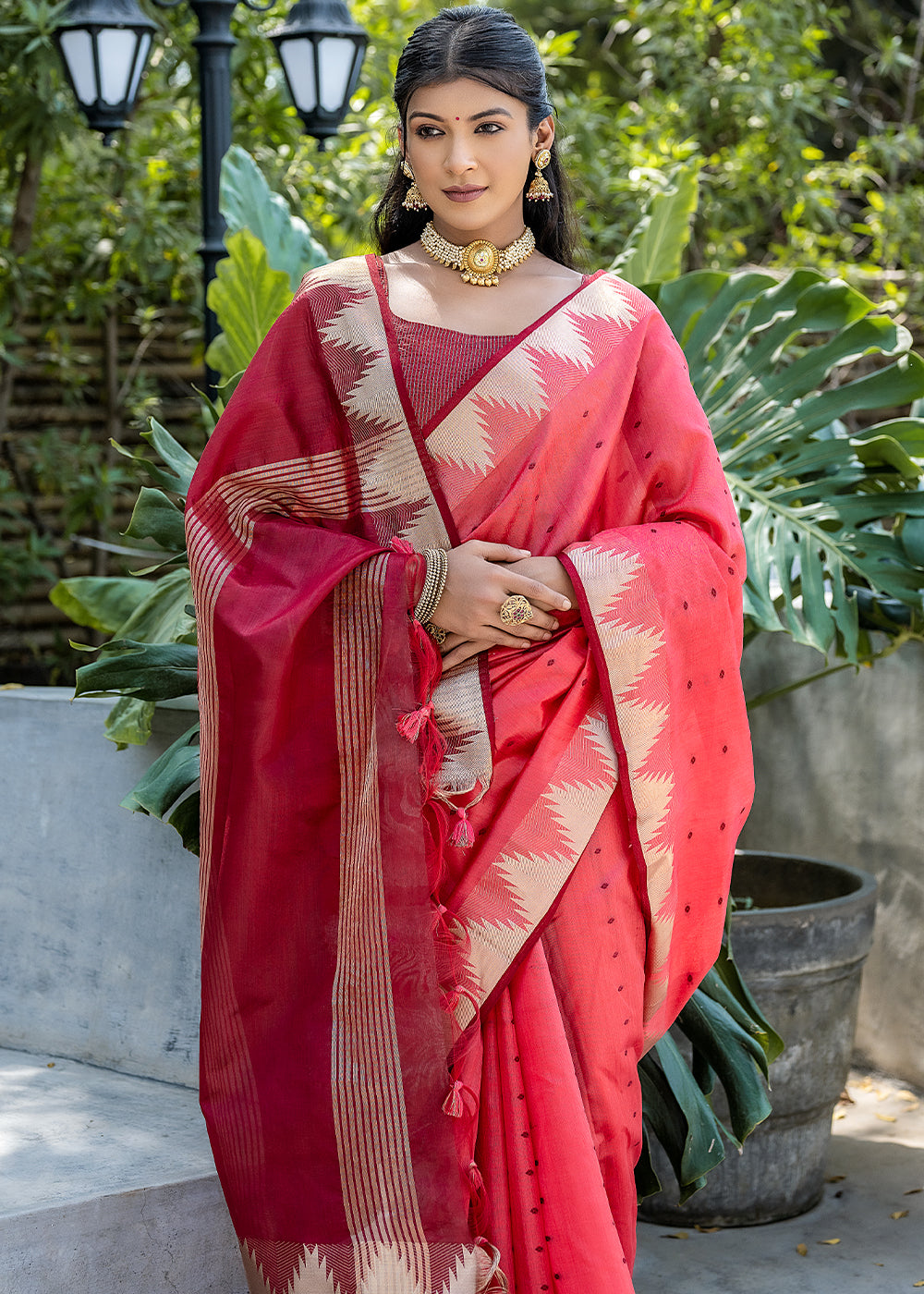 Watermelon Pink Zari Woven Triangle Border Raw Silk Saree with Butti Overall - qivii