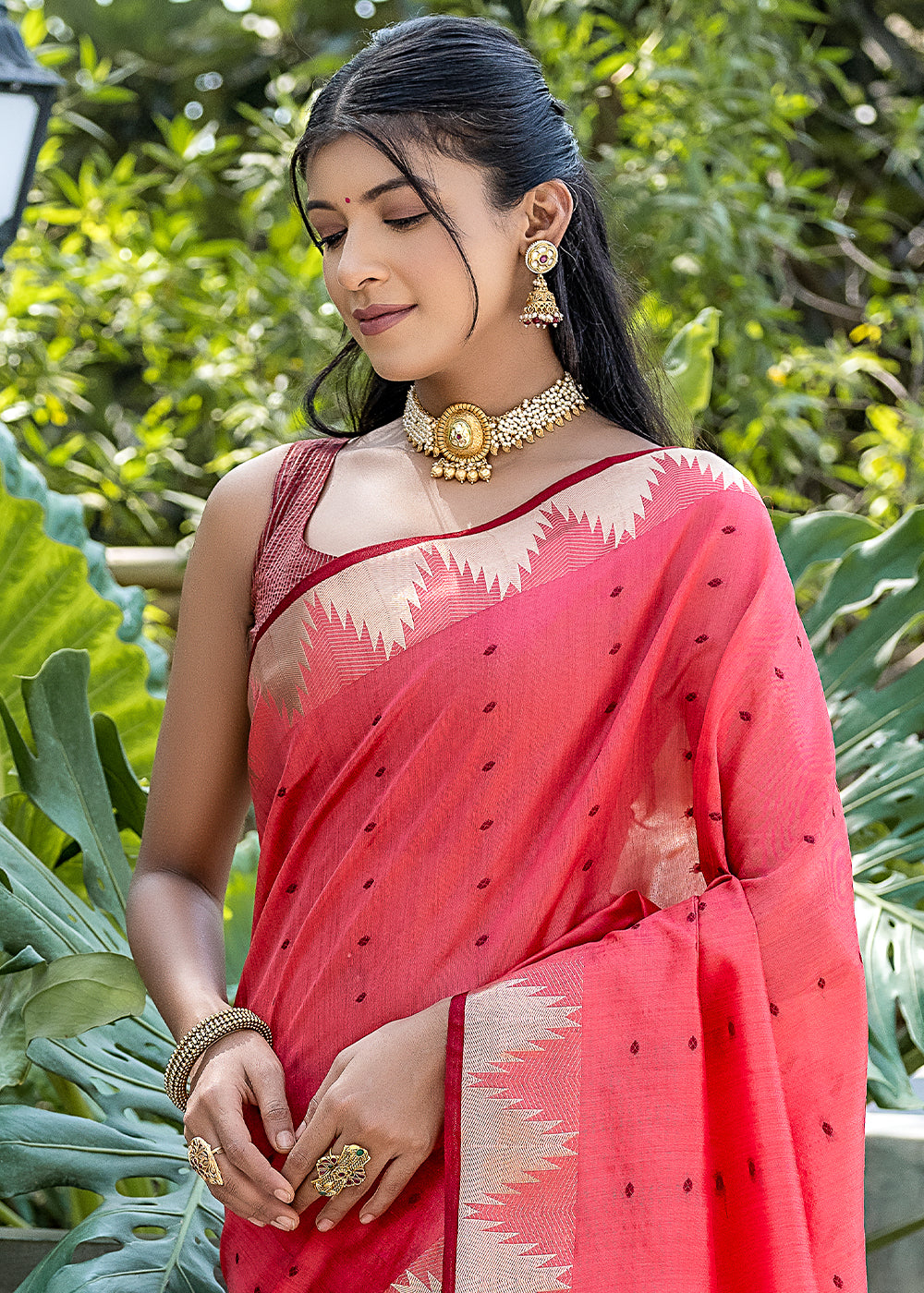 Watermelon Pink Zari Woven Triangle Border Raw Silk Saree with Butti Overall - qivii