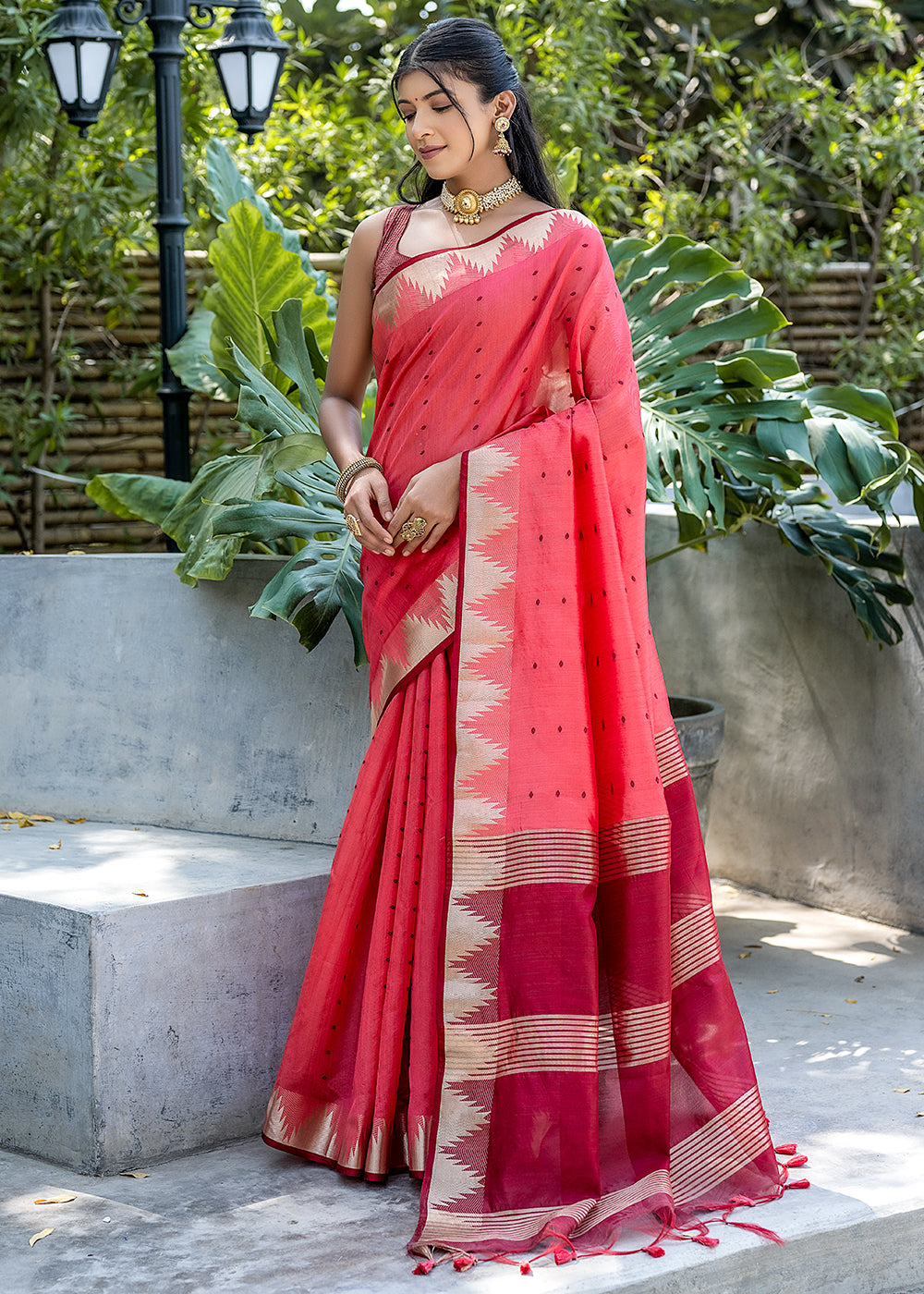 Watermelon Pink Zari Woven Triangle Border Raw Silk Saree with Butti Overall - qivii