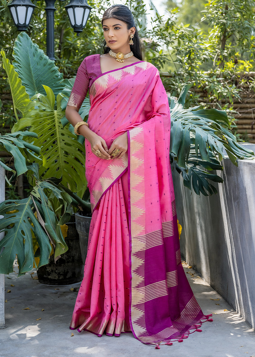 Ultra Pink Zari Woven Triangle Border Raw Silk Saree with Butti Overall - qivii