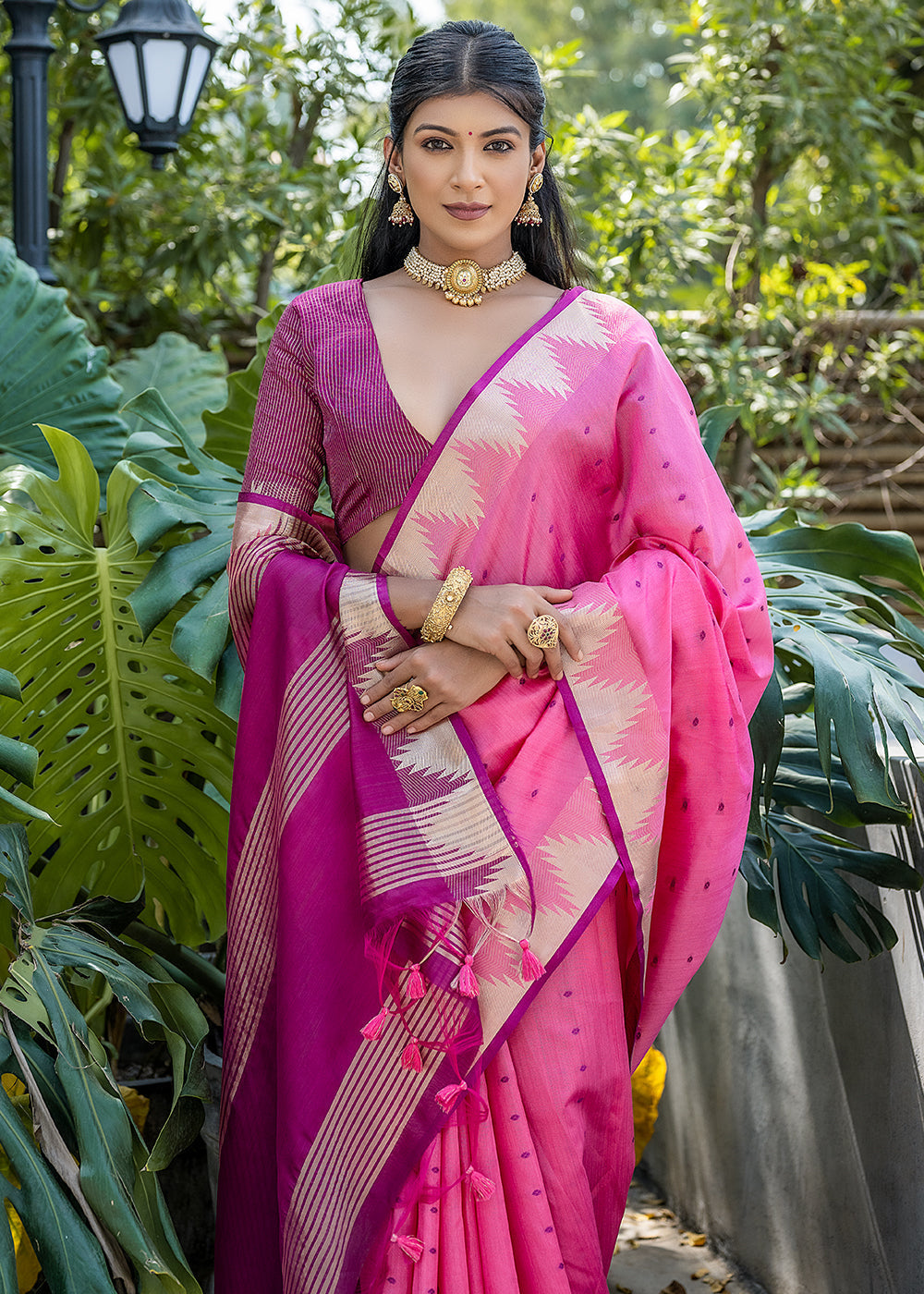 Ultra Pink Zari Woven Triangle Border Raw Silk Saree with Butti Overall - qivii