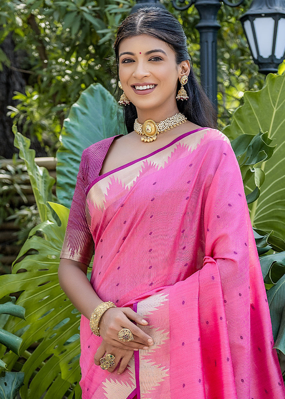Ultra Pink Zari Woven Triangle Border Raw Silk Saree with Butti Overall - qivii