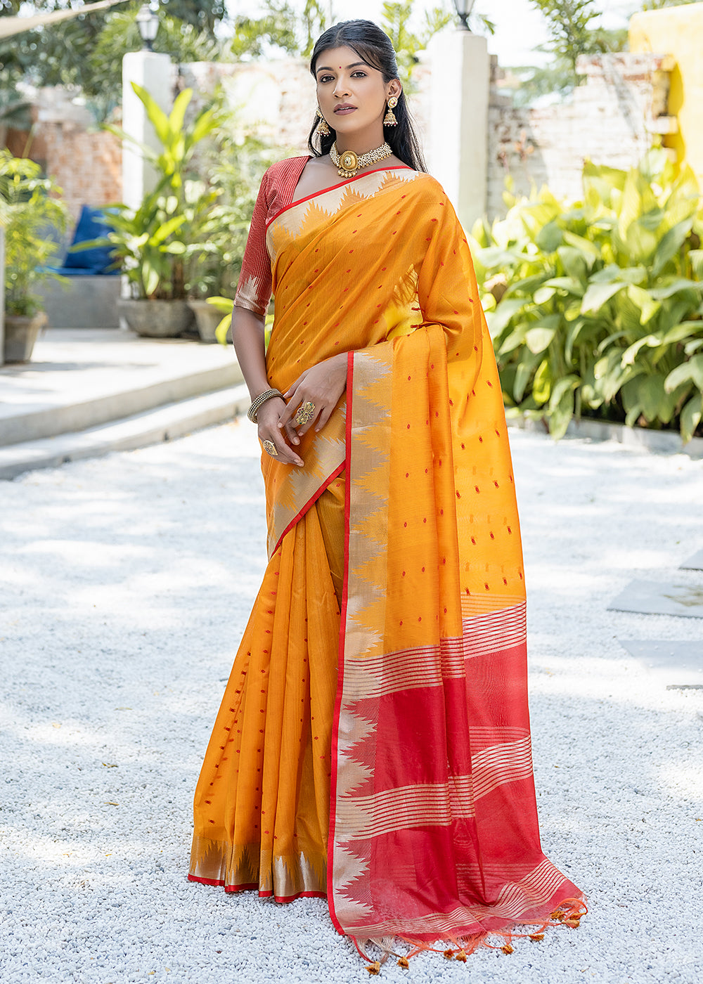 Saffron Yellow Zari Woven Triangle Border Raw Silk Saree with Butti Overall - qivii