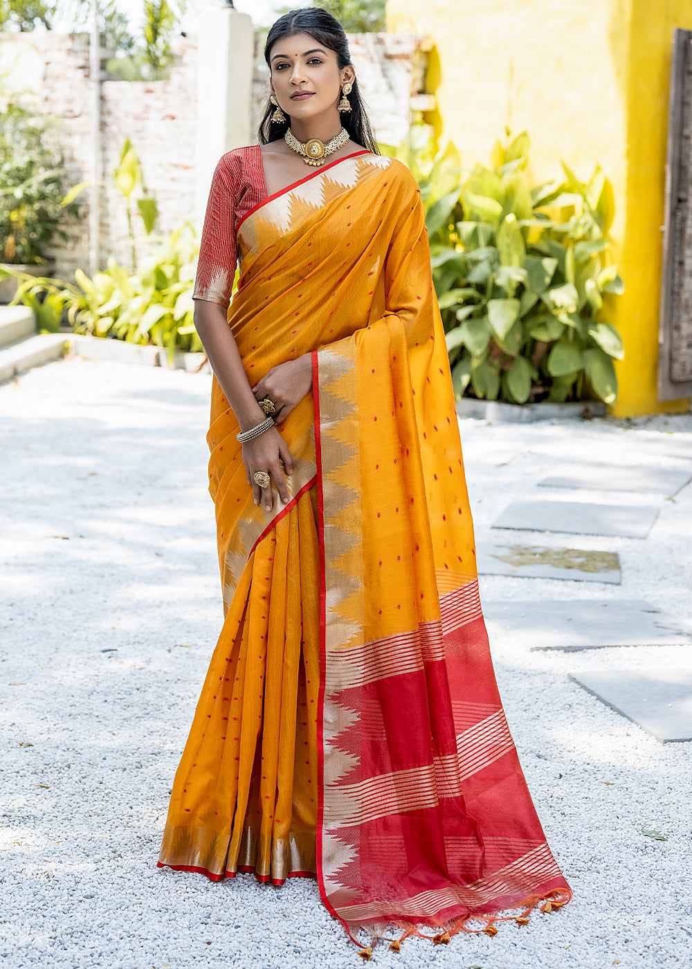 Saffron Yellow Zari Woven Triangle Border Raw Silk Saree with Butti Overall - qivii
