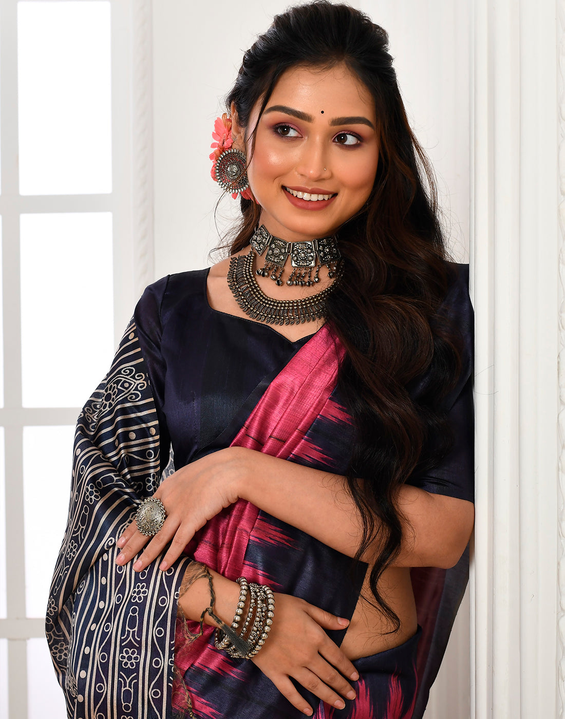 Fuschia Rose Pink Tussar Silk Temple Print Saree - qivii