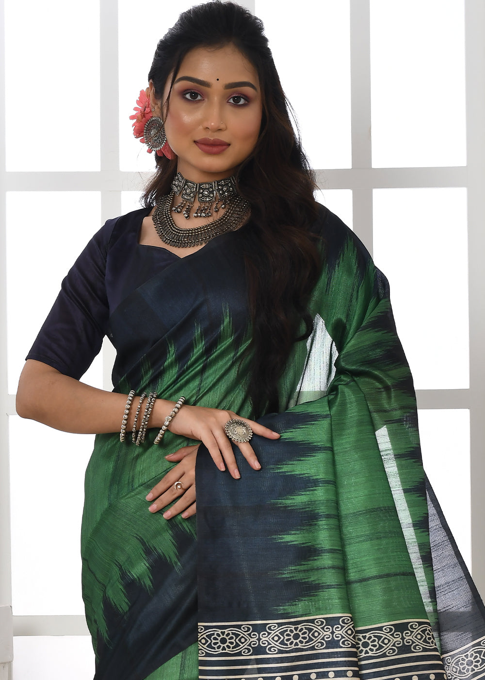 Shamrock Green Tussar Silk Temple Print Saree - qivii