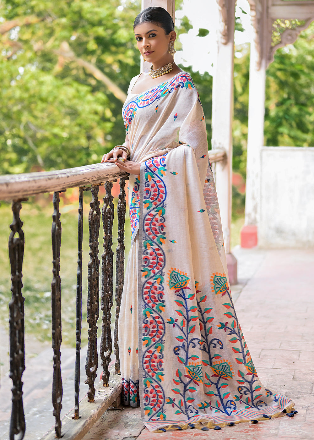 White & Blue Muga Cotton Saree with Woven Butti All Over