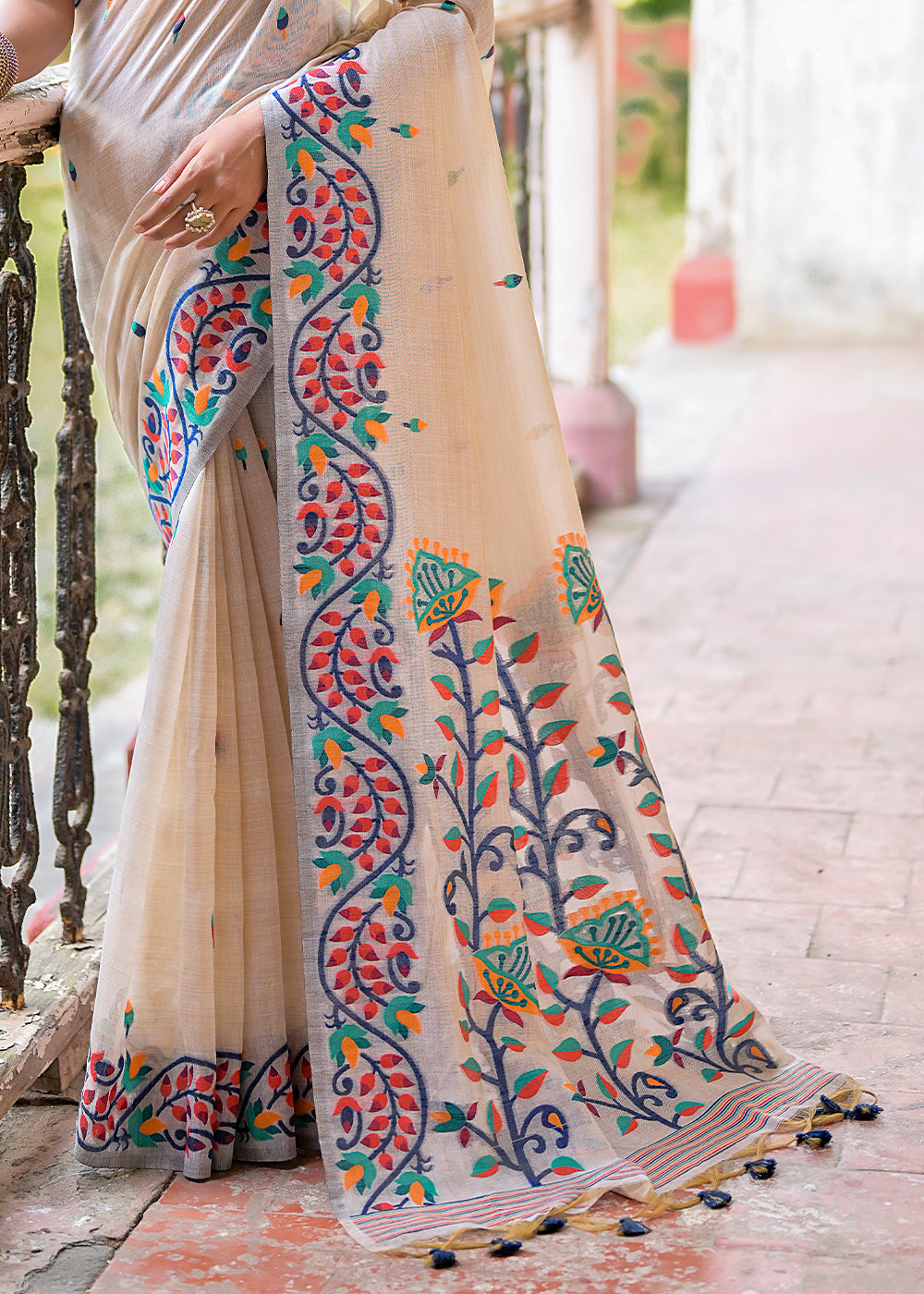 White & Blue Muga Cotton Saree with Woven Butti All Over