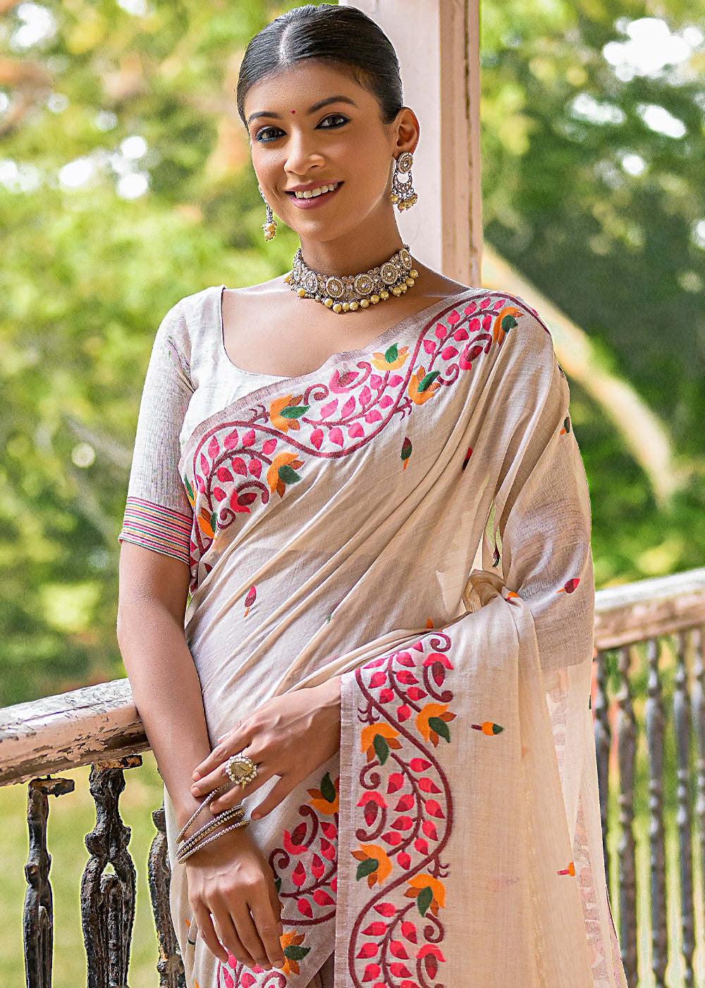 White & Pink Muga Cotton Saree with Woven Butti All Over